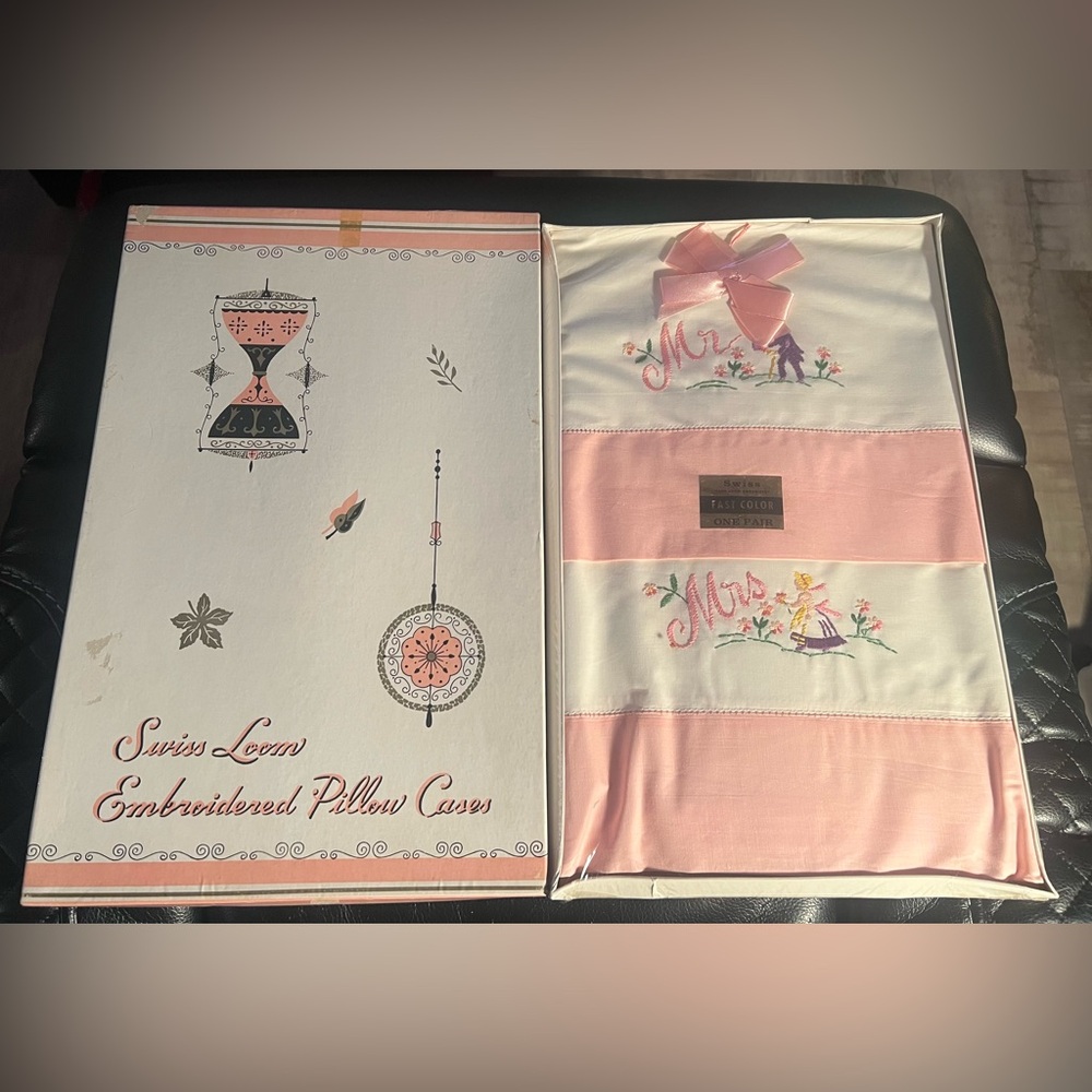 Vintage Swiss Loom Embroidered “Mr & Mrs” Pillowcase Set Pink and White NOS
